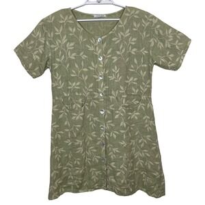 Vtg Subtle Tones Linen Dress Womens XS/S Green Leaf Print Button Front Lagenlook